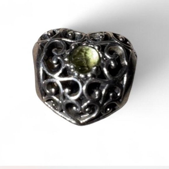 💚 Pandora Green Gem Filigree Heart Charm – Sterling Silver 925 ALE - Picture 1 of 3
